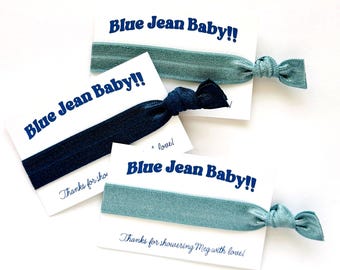 Blue Jean Baby Theme Baby Favor Cards, Personalized Baby Shower Hair Tie Favors