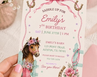 Saddle Up Pony Birthday Invitation, Brown Horse Girls Birthday Editable Canva Template