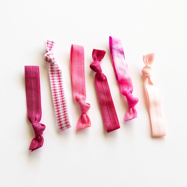 PINKS elastic hair ties creaseless gentle hair ties | Dark Pink Hot Pink Pink Tie Dye Blush Pink Check hair ties set of 6
