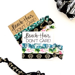 BEACH Hair DON&#39;T Care Bachelorette Party Favor | Tropical Bachelorette Hair Tie Favor Personalized Favors palm flamingo shell hair tie gifts