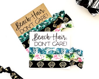 BEACH Hair DON'T Care Bachelorette Party Favor | Tropical Bachelorette Hair Tie Favor Personalized Favors palm flamingo shell hair tie gifts