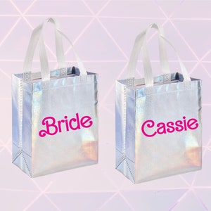 Iridescent Gift Bag Bachelorette Party Tote Bag holographic Bridesmaid Gift Bag Treat bag birthday gift bag bride Barbie tote image 1