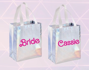 Iridescent Gift Bag Bachelorette Party Tote Bag holographic Bridesmaid Gift Bag Treat bag birthday gift bag bride Barbie tote