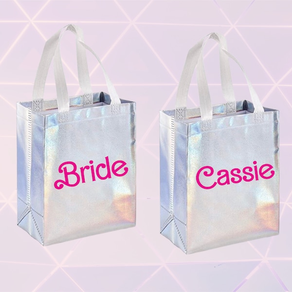 Iridescent Gift Bag Bachelorette Party Tote Bag holographic Bridesmaid Gift Bag Treat bag birthday gift bag bride Barbie tote