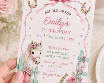 Pony Birthday Invitation, Pony Party Invite, Girls Horse Birthday, Saddle Up Birthday, Editable Canva Template