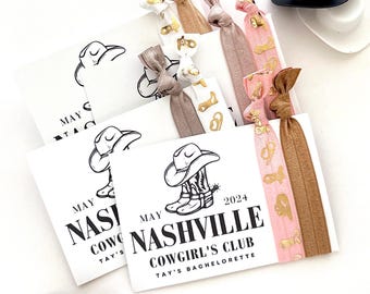 Bachelorette Favor Nashville Cowgirls Club Custom bachelorette favors hair tie favors last rodeo party favor Nash bash gifts