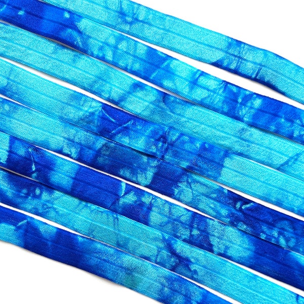 Turquoise - Sky Blue Tie Dye Elastic | Hand Dyed Tie Dye FOE | 5/8" Fold Over Elastic - Hair Ties Headbands Tie Dye Hair Ties