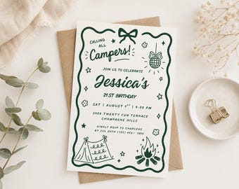 Calling All Campers Birthday Invitation Template, Camping Party Invite, Happy Camper Editable Canva 5x7 Invite