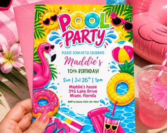 Pool Party Birthday Invitation Template, Summer Pool Party Invite, Flamingo Birthday Invitation, Girls Pool Party Canva