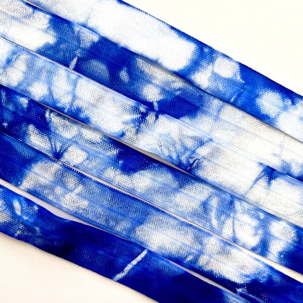 Sky Blue - White Tie Dye Elastic | Hand Dyed Tie Dye FOE | 5/8" Fold Over Elastic - Hair Ties Headbands Tie Dye Hair Ties