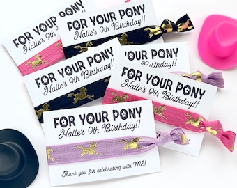 Girls Birthday Party Favors | For Your Pony personalized favor cards | Thank you party favors Horse Print Hair Ties Goody Bag gifts