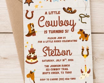 Little Cowboy Birthday Invitation, Western Rodeo Birthday Printable, Cowboy 5th Birthday Party Editable Canva Boy Birthday Wild West Party