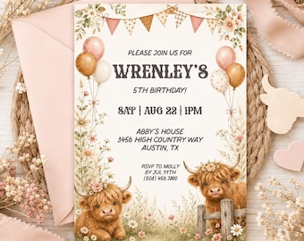 Highland Cow 5th Birthday Invitation for Girls, Floral Farm Birthday Party Invite, Editable Canva Template