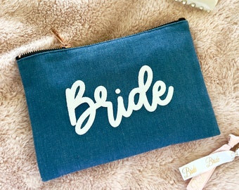 Bride make up pouch cosmetic bag Bridal Shower gift for the Bride puff text embossed design denim bride bag honeymoon bag engagement gift