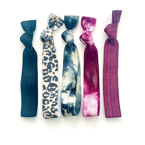 The Monroe Tie Hair Tie Set, Tie Dye Headbands, Leopard Cheetah, Black Burgundy Hair Bands Ponytail Holder