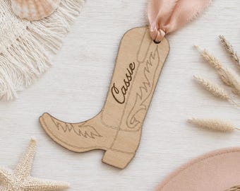 Coastal Cowgirl Personalized Wooden Gift Tag, Custom Cowboy Boot Name Tag, Basswood Favor Tag, Western Party Gift Bag Tag