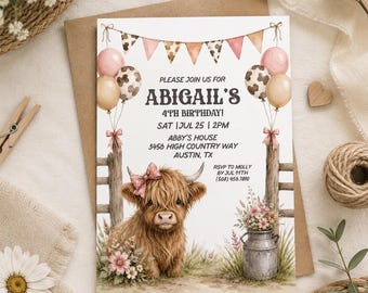 Highland Cow Birthday Invitation, Cowgirl Birthday Invite, Farm Animal Birthday Party Invitation, Editable Canva Template