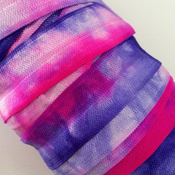 Tie Dye FOE // 5/8" Tie Dye Fold Over Elastic - Fuchsia Violet White - Hair Accessory Supplies - Hair Ties - Headbands