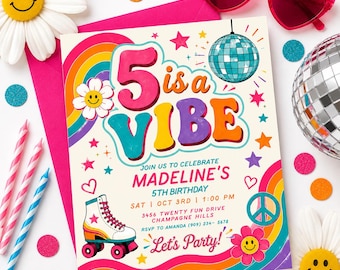 5th Birthday Invitation, Groovy Birthday Invite, Colorful 5 is a Vibe Canva Template