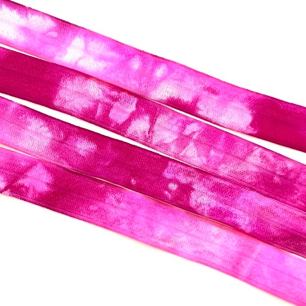 Fuchsia - Magenta - White Tie Dye Elastic | Hand Dyed Tie Dye FOE | 5/8" Fold Over Elastic - Hair Ties Headbands Tie Dye Hair Ties