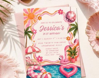 Palm Springs Pool Party Invitation, 21st Birthday Disco Pool Party Editable Canva (Digital Download)