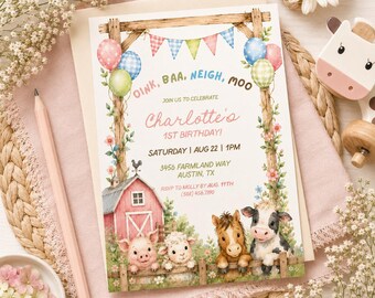 Farm 1st Birthday Invitation, Watercolor Barnyard Animals, Girls Party Invite (Editable Canva Template)