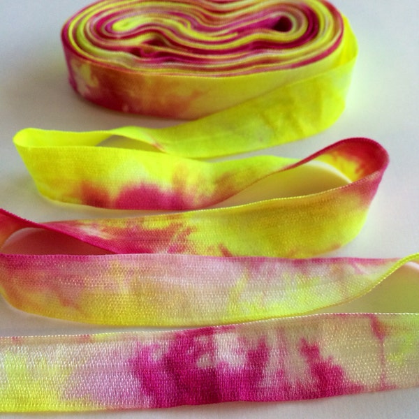 Neon Yellow - Magenta Tie Dye Elastic | Hand Dyed Tie Dye FOE | 5/8" Fold Over Elastic - Hair Ties Headbands Tie Dye Hair Ties