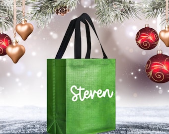 Christmas personalized gift bags, custom vinyl reusable colored tote bag, holidays, birthdays, special events