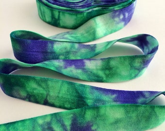 Tie dye fold over elastic sold by the yard, 5, 10 yard lengths, great for hair ties, sewing and craft projects DIY crafts  Emerald-Violet