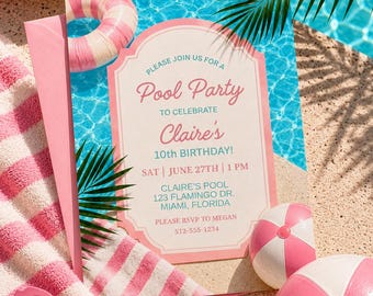 Pink Pool Party Birthday Invitation Template, Girls Summer Birthday, Editable Canva Tropical Pool Party Invite