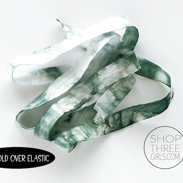 Sage Leaf - White Tie Dye Elastic | Hand Dyed Tie Dye FOE | 5/8" Fold Over Elastic - Hair Ties Headbands Tie Dye Hair Ties