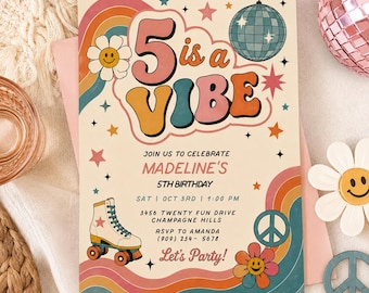 5th Birthday Invitation, Retro Groovy Birthday Invite, 5 is a Vibe Canva Template