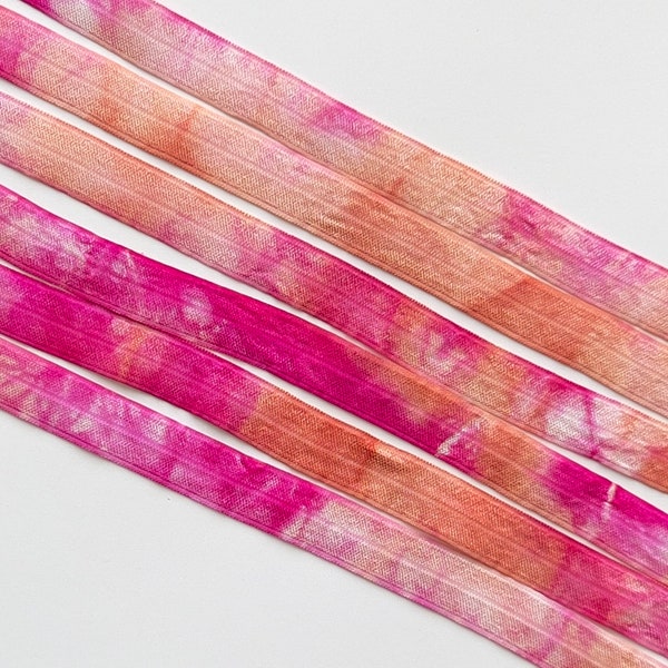 Peach Blue - Pink Orchid - White Tie Dye Elastic | Hand Dyed Tie Dye FOE | 5/8" Fold Over Elastic - Hair Ties Headbands Tie Dye Hair Ties