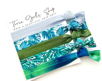 Tropical Tie Dye Set Hair Tie Set, Elastic Hair Ties, Palm Leave Print, Hair Bands