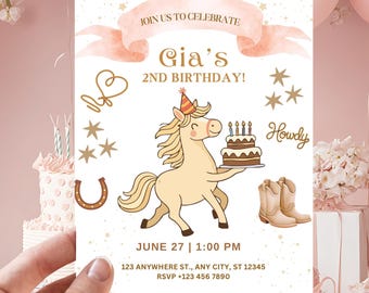 Cowgirl Pony Birthday Invitation, Girls Horse Western Party Invite Editable Digital Download