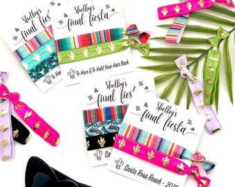 Custom FINAL FIESTA Hair Tie Favors | Bachelorette Girls Getaway Mexico Fiesta Themed Serape Party Favor Cabo Tulum Scottsdale Bachelorette