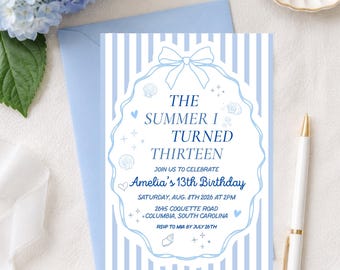 The Summer I Turned Thirteen Birthday Invitation, Blue Coquette Invite, Coastal Birthday Party Invitation, Editable Canva Template