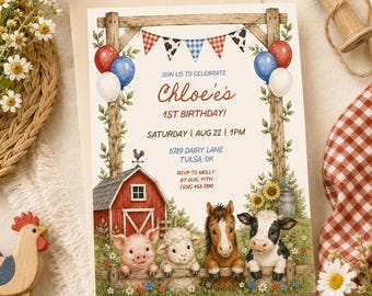 Farm 1st Birthday Invitation, Barnyard Animal Birthday Invite, Editable Canva Template