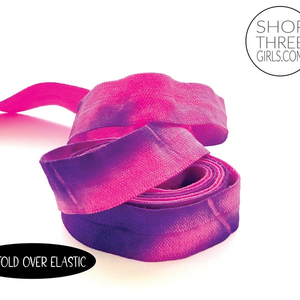 Neon Pink - Violet Tie Dye Elastic | Hand Dyed Tie Dye FOE | 5/8" Fold Over Elastic - Hair Ties Headbands Tie Dye Hair Ties