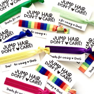 Jump Party Don&#39;t Care Hair Tie Favors, Trampoline Jump Kids Birthday Party Favors, Personalized birthday favors, goodie bag gifts, rainbow
