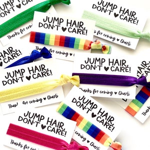 Jump Party Don't Care Hair Tie Favors, Trampoline Jump Kids Birthday Party Favors, Personalized birthday favors, goodie bag gifts, rainbow