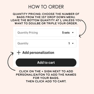 Op de afbeelding: Een witte en zwarte afbeelding met instructies over het bestellen van gepersonaliseerde tassen. De afbeelding bevat een vervolgkeuzemenu voor hoeveelheidsprijzen, een invoerveld voor de hoeveelheid, een knop om personalisatie toe te voegen en een knop om toe te voegen aan de winkelwagen.