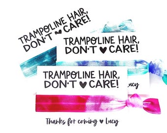 Trampoline Party Hair Tie Favors, Trampoline Hair Don't Care, Custom Personalized Birthday Party Favors, tie dye hair ties, Girls Favors