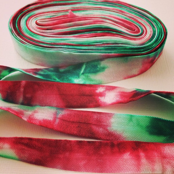 Emerald Green -Red Tie Dye Elastic | Hand Dyed Tie Dye FOE | 5/8" Fold Over Elastic - Hair Ties Headbands Tie Dye Hair Ties