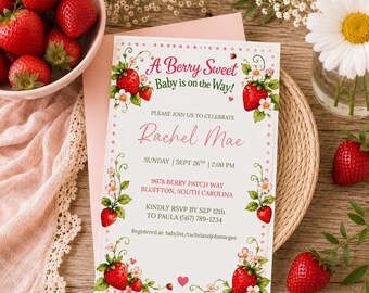 Berry Sweet Baby Shower Invitation, Watercolor Strawberry Floral Invite (Editable Canva Template)