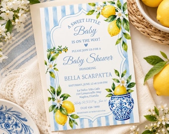 Lemon Baby Shower Invitation, Amalfi Coast La Dolce Vita Theme (Editable Canva Template)