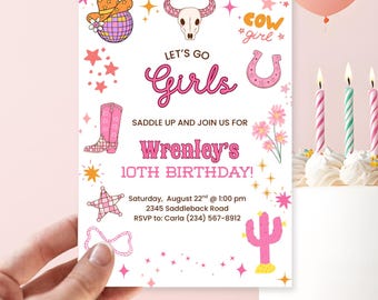Let's Go Girls Birthday Invitation | Girls Horse Western Party Invite | Editable Canva Kids Birthday Template | Disco Cowgirl Digital Invite