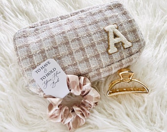 Bridesmaid Proposal Gift Set | Tweed Cosmetic Pouch, Gold Metal Claw Clip, Leopard Scrunchie | Custom Make Up Bag | To have & to hold