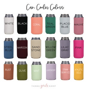 May include: A chart of 18 different colors for can coolers. The colors are arranged in three rows of six. The colors are: white, black, coral, teal green, placid blue, mauve, steel blue, maroon, sand stone, willow green, lilac gray, pink, rust, olive, mint, lavender, straw-berry ice, and athletic gold.