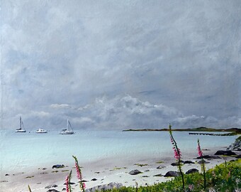 May include: A painting of a seascape with three sailboats in the distance and a sandy beach in the foreground. The sky is cloudy and gray, and the water is a light blue. There are pink flowers growing in the foreground.